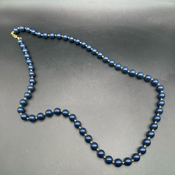 Vintage Monet Blue and Gold tone Beads Necklace Classic Bib Layering Retro - Picture 1 of 6